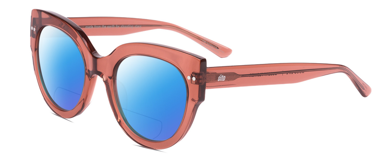 Profile View of SITO SHADES GOOD LIFE Designer Polarized Reading Sunglasses with Custom Cut Powered Blue Mirror Lenses in Desert Flower Pink Crystal Ladies Round Full Rim Acetate 54 mm