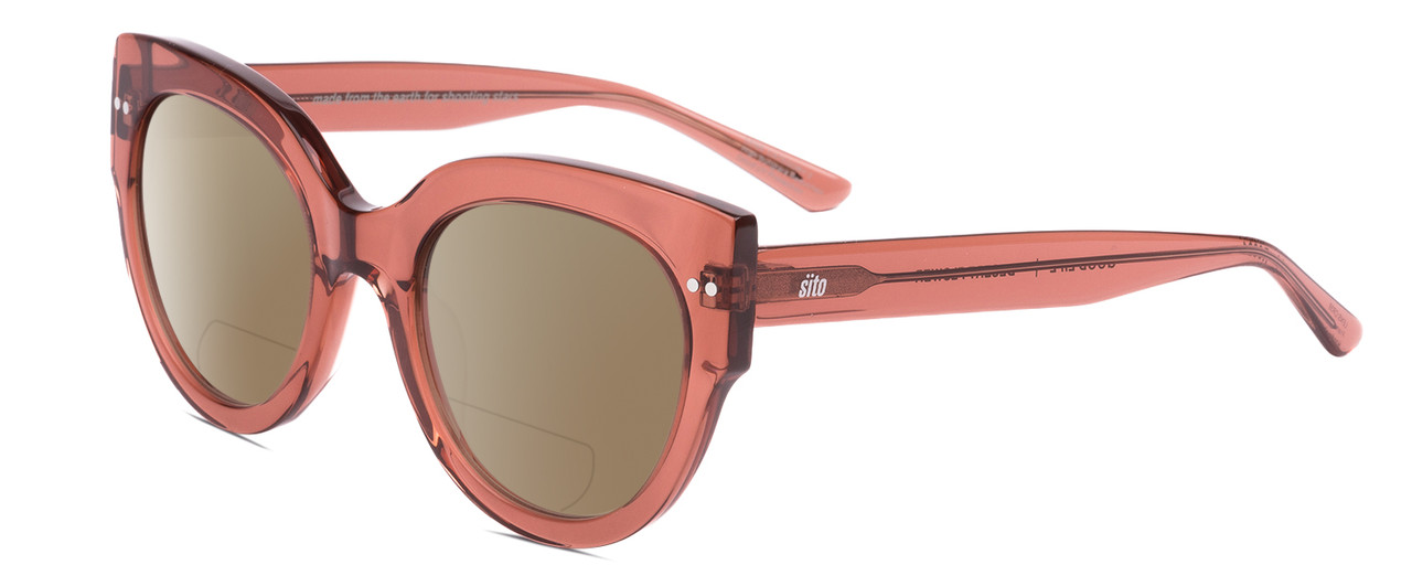 Profile View of SITO SHADES GOOD LIFE Designer Polarized Reading Sunglasses with Custom Cut Powered Amber Brown Lenses in Desert Flower Pink Crystal Ladies Round Full Rim Acetate 54 mm