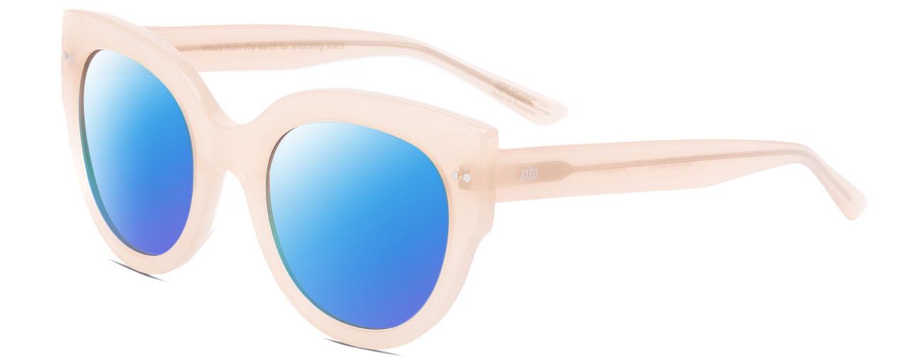 Profile View of SITO SHADES GOOD LIFE Designer Polarized Sunglasses with Custom Cut Blue Mirror Lenses in Vanilla Pink Crystal Ladies Round Full Rim Acetate 54 mm