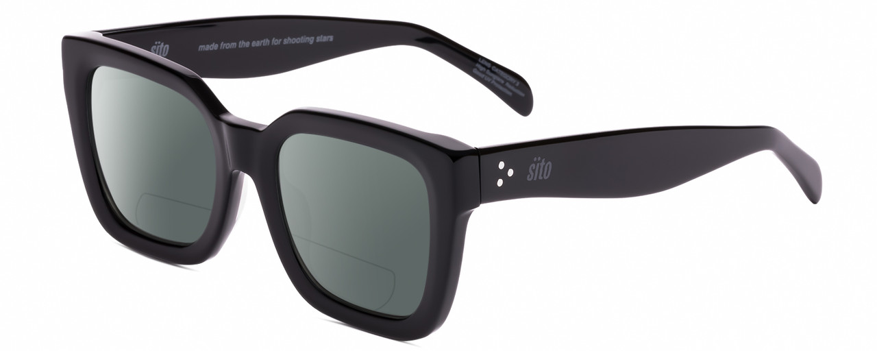 Profile View of SITO SHADES HARLOW Designer Polarized Reading Sunglasses with Custom Cut Powered Smoke Grey Lenses in Black Ladies Square Full Rim Acetate 52 mm