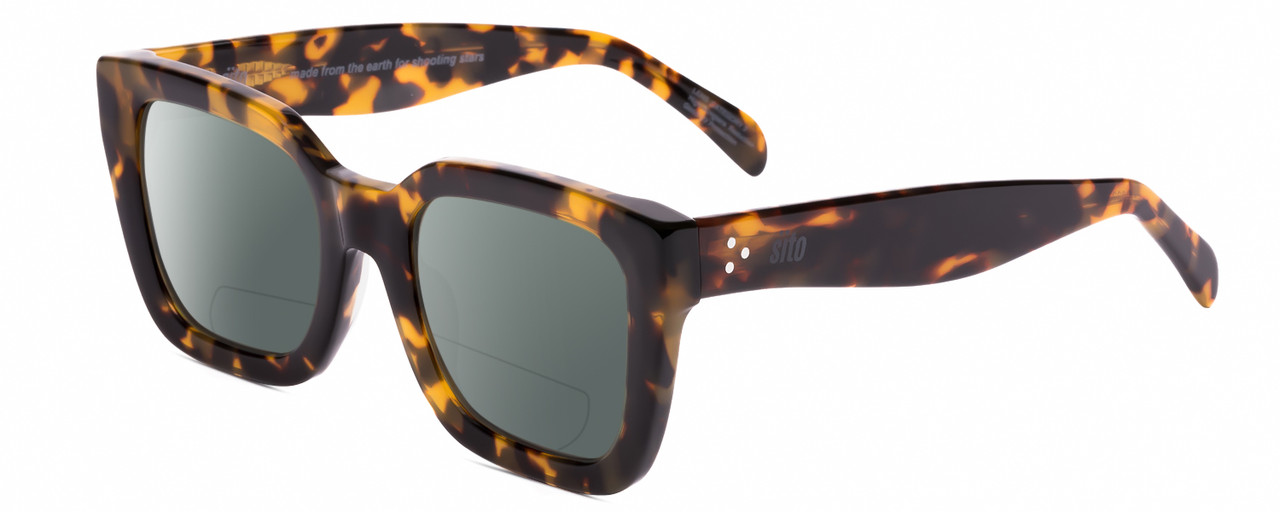 Profile View of SITO SHADES HARLOW Designer Polarized Reading Sunglasses with Custom Cut Powered Smoke Grey Lenses in Amber Tortoise Havana Ladies Square Full Rim Acetate 52 mm