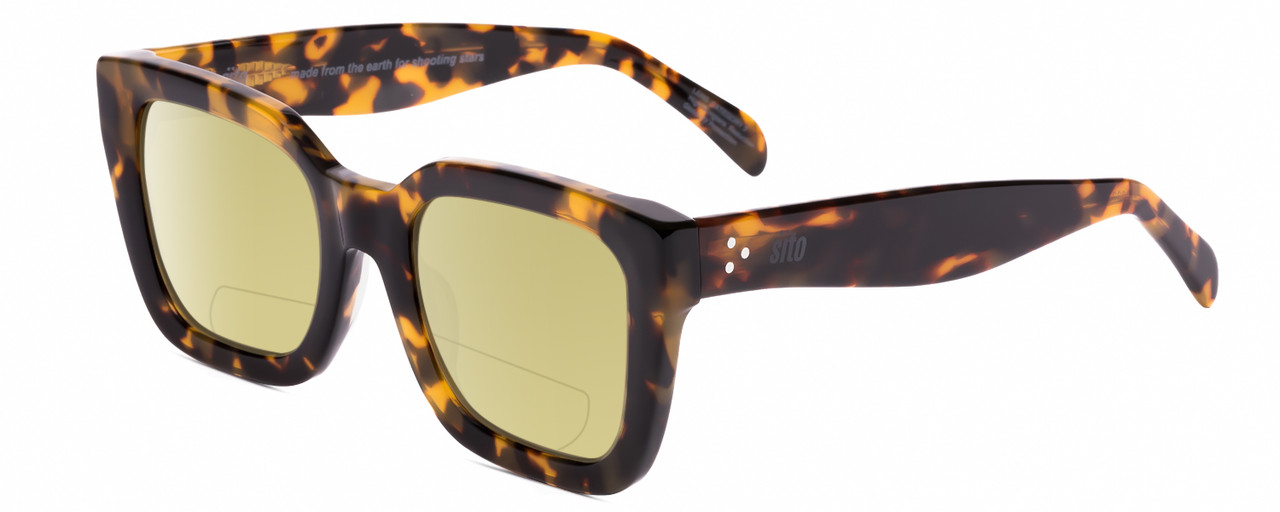 Profile View of SITO SHADES HARLOW Designer Polarized Reading Sunglasses with Custom Cut Powered Sun Flower Yellow Lenses in Amber Tortoise Havana Ladies Square Full Rim Acetate 52 mm