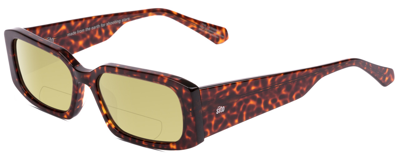 Profile View of SITO SHADES INNER VISION Designer Polarized Reading Sunglasses with Custom Cut Powered Sun Flower Yellow Lenses in Amber Cheetah Ladies Square Full Rim Acetate 56 mm