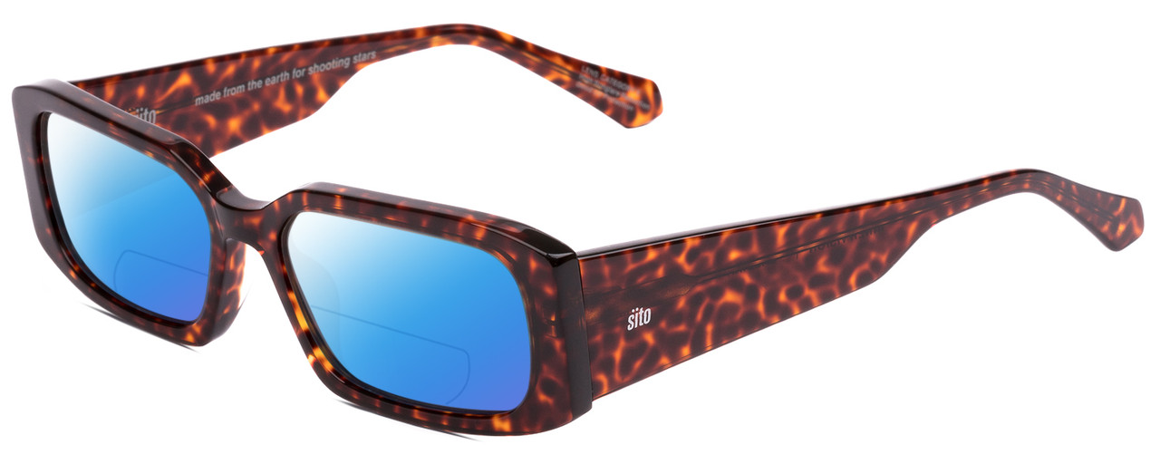 Profile View of SITO SHADES INNER VISION Designer Polarized Reading Sunglasses with Custom Cut Powered Blue Mirror Lenses in Amber Cheetah Ladies Square Full Rim Acetate 56 mm