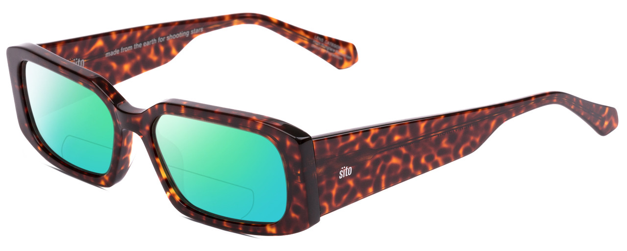 Profile View of SITO SHADES INNER VISION Designer Polarized Reading Sunglasses with Custom Cut Powered Green Mirror Lenses in Amber Cheetah Ladies Square Full Rim Acetate 56 mm