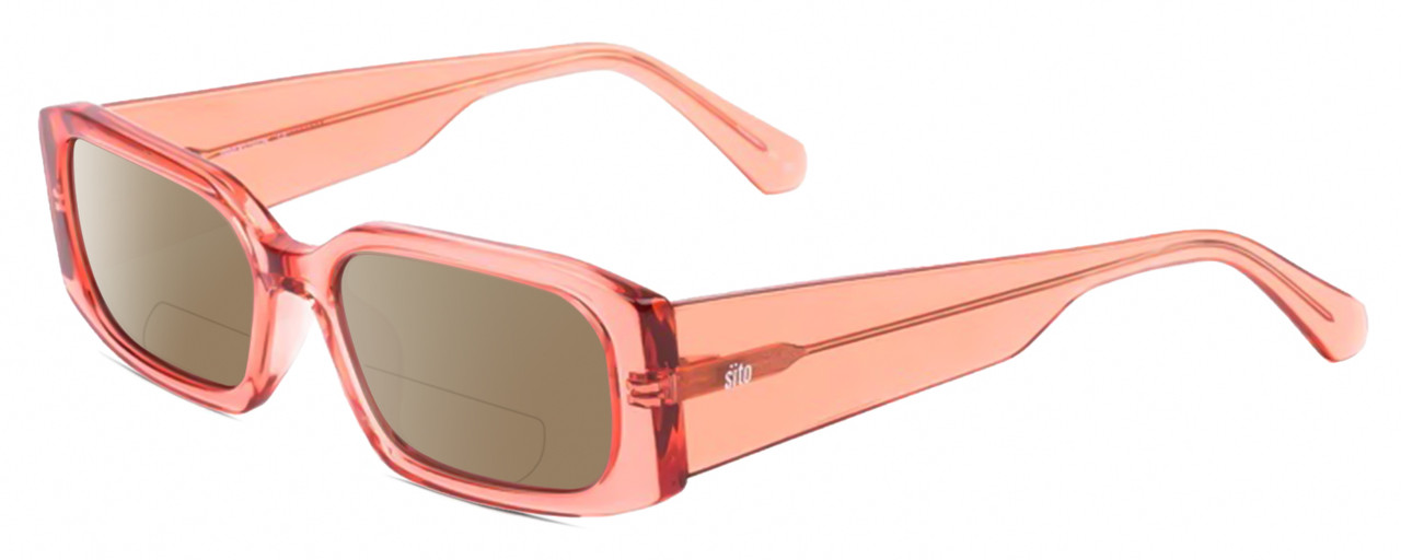 Profile View of SITO SHADES INNER VISION Designer Polarized Reading Sunglasses with Custom Cut Powered Amber Brown Lenses in Watermelon Pink Crystal Ladies Square Full Rim Acetate 56 mm