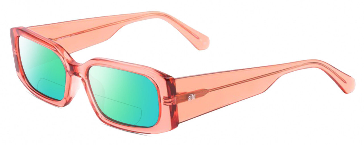 Profile View of SITO SHADES INNER VISION Designer Polarized Reading Sunglasses with Custom Cut Powered Green Mirror Lenses in Watermelon Pink Crystal Ladies Square Full Rim Acetate 56 mm