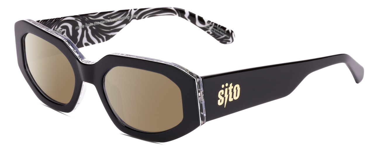 Profile View of SITO SHADES JUICY Designer Polarized Sunglasses with Custom Cut Amber Brown Lenses in Black White Zebra Print Safari Ladies Square Full Rim Acetate 53 mm