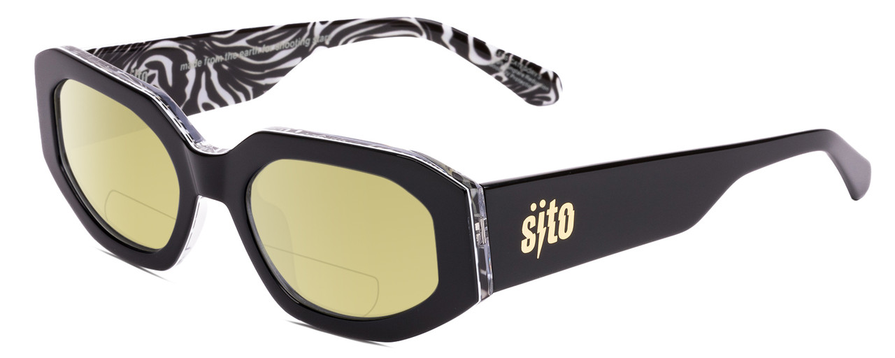 Profile View of SITO SHADES JUICY Designer Polarized Reading Sunglasses with Custom Cut Powered Sun Flower Yellow Lenses in Black White Zebra Print Safari Ladies Square Full Rim Acetate 53 mm