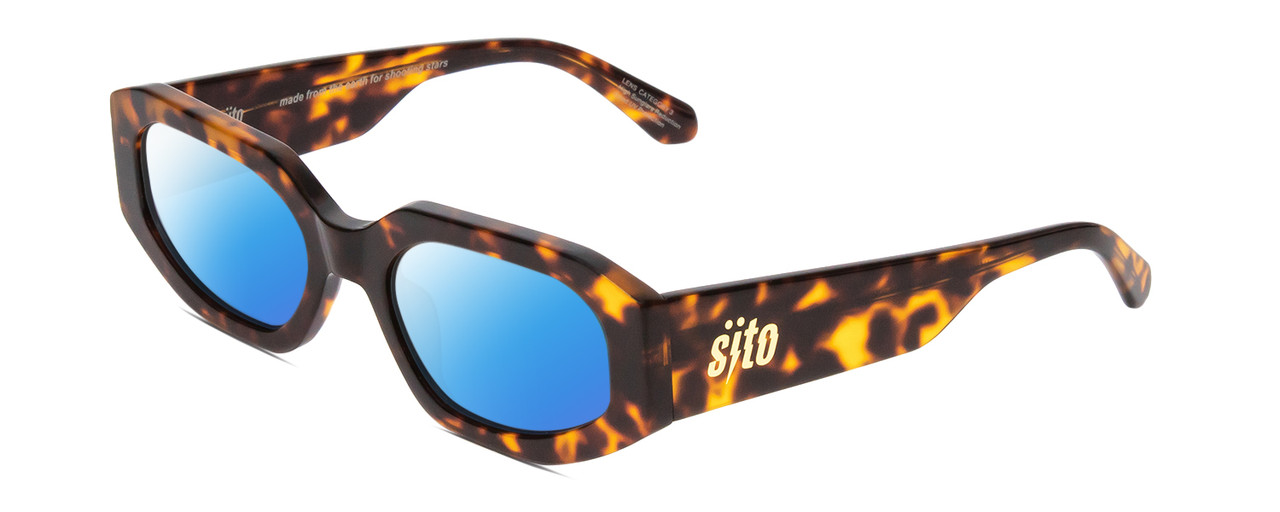 Profile View of SITO SHADES JUICY Designer Polarized Sunglasses with Custom Cut Blue Mirror Lenses in Honey Tortoise Havana Ladies Square Full Rim Acetate 53 mm