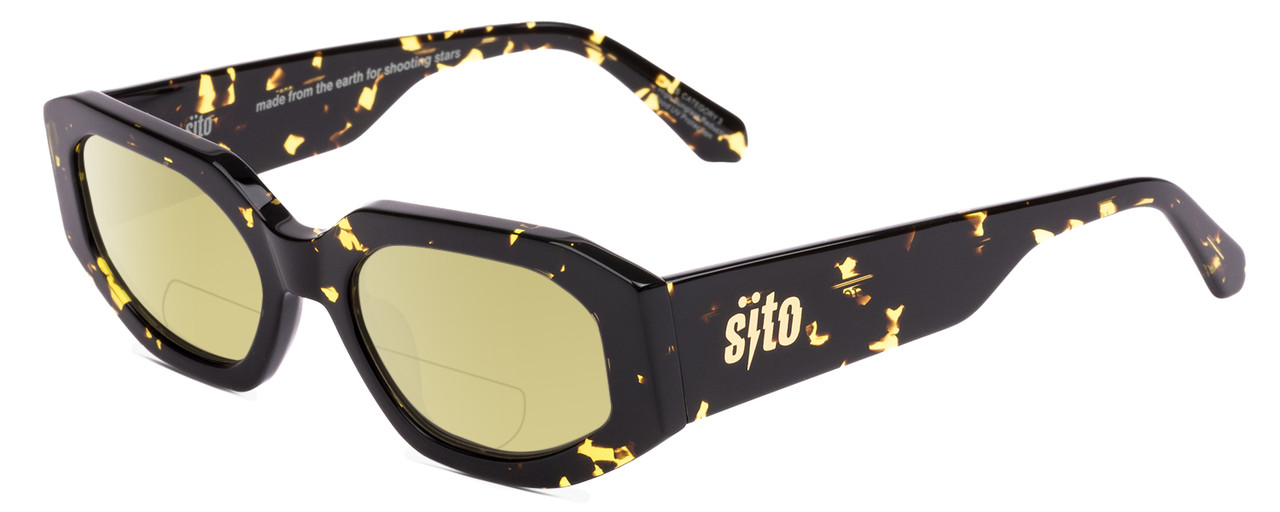 Profile View of SITO SHADES JUICY Designer Polarized Reading Sunglasses with Custom Cut Powered Sun Flower Yellow Lenses in Limeade Black Yellow Tortoise Ladies Square Full Rim Acetate 53 mm