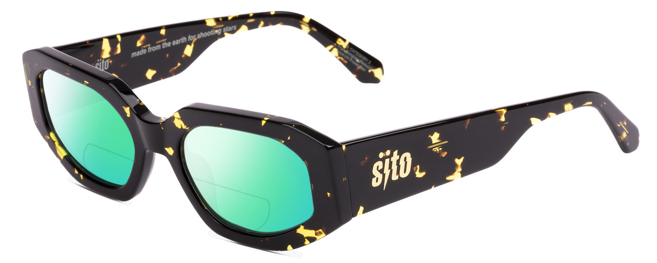 Profile View of SITO SHADES JUICY Designer Polarized Reading Sunglasses with Custom Cut Powered Green Mirror Lenses in Limeade Black Yellow Tortoise Ladies Square Full Rim Acetate 53 mm