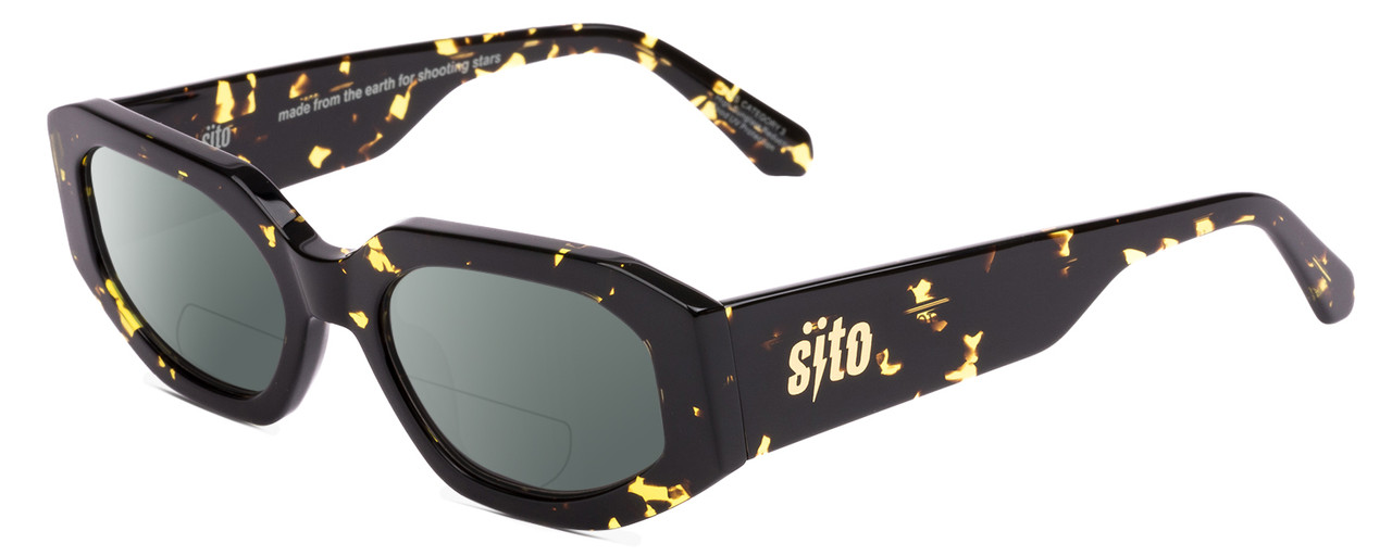 Profile View of SITO SHADES JUICY Designer Polarized Reading Sunglasses with Custom Cut Powered Smoke Grey Lenses in Limeade Black Yellow Tortoise Ladies Square Full Rim Acetate 53 mm