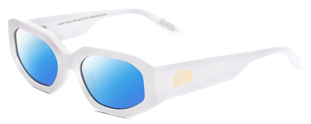 Profile View of SITO SHADES JUICY Designer Polarized Sunglasses with Custom Cut Blue Mirror Lenses in White Ladies Square Full Rim Acetate 53 mm