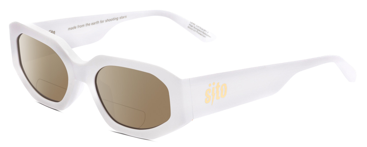 Profile View of SITO SHADES JUICY Designer Polarized Reading Sunglasses with Custom Cut Powered Amber Brown Lenses in White Ladies Square Full Rim Acetate 53 mm
