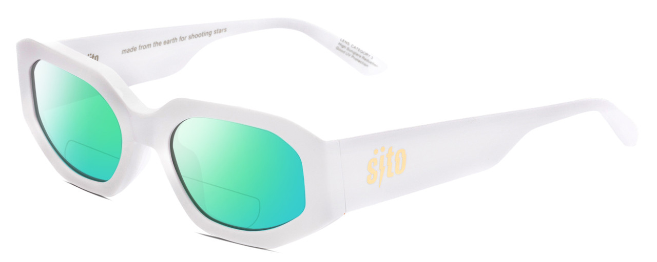 Profile View of SITO SHADES JUICY Designer Polarized Reading Sunglasses with Custom Cut Powered Green Mirror Lenses in White Ladies Square Full Rim Acetate 53 mm