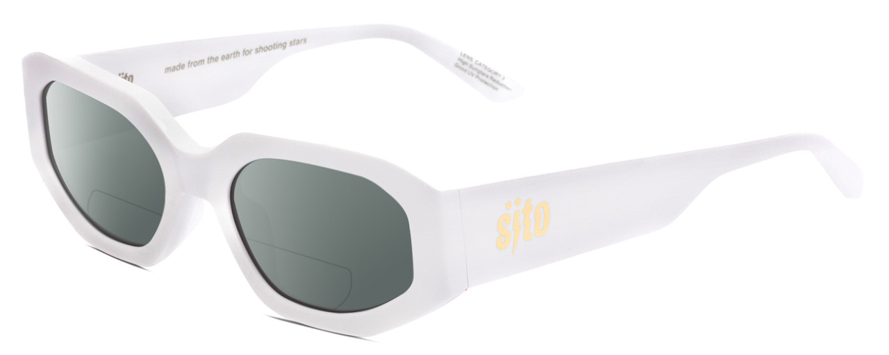 Profile View of SITO SHADES JUICY Designer Polarized Reading Sunglasses with Custom Cut Powered Smoke Grey Lenses in White Ladies Square Full Rim Acetate 53 mm