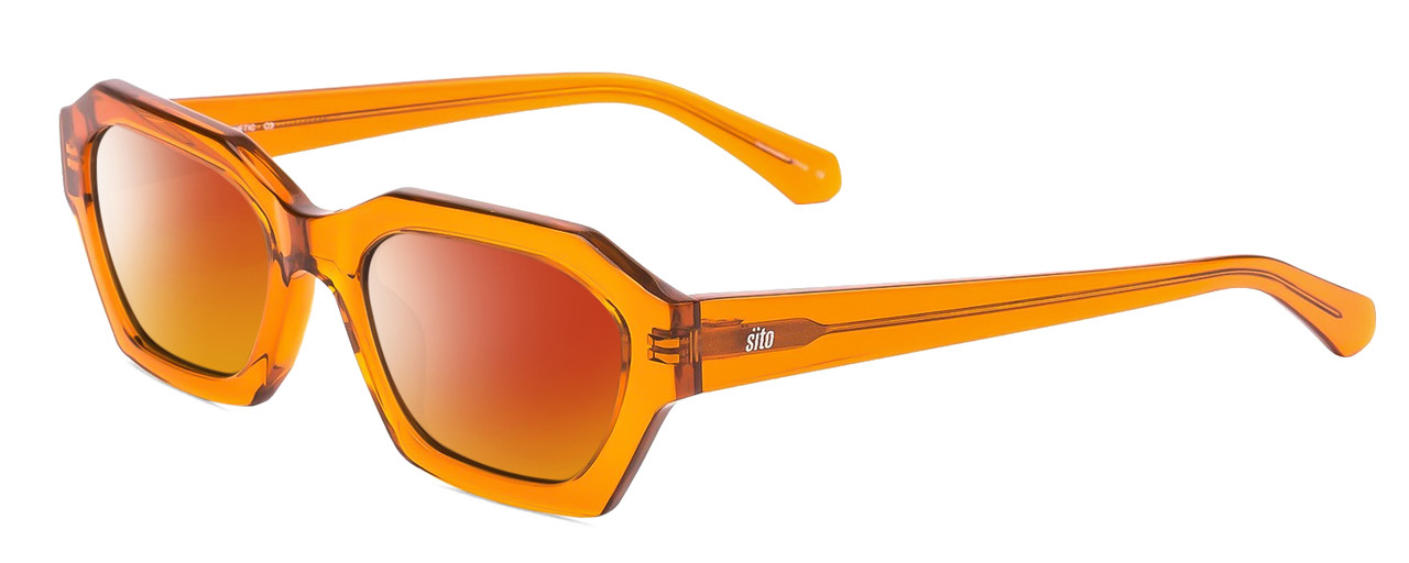 Profile View of SITO SHADES KINETIC Designer Polarized Sunglasses with Custom Cut Red Mirror Lenses in Amber Orange Crystal Unisex Square Full Rim Acetate 54 mm