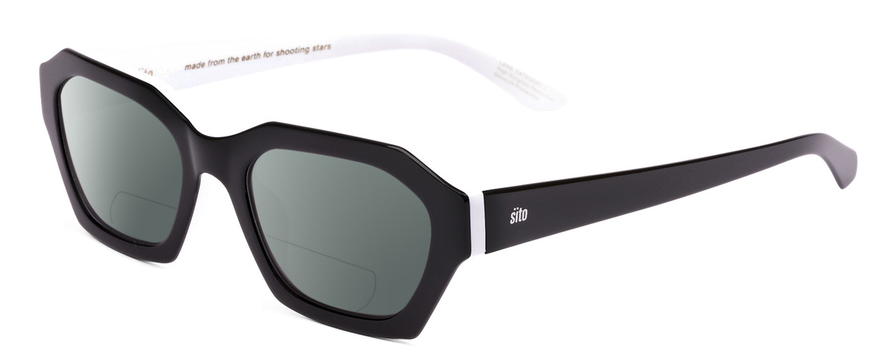 Profile View of SITO SHADES KINETIC Designer Polarized Reading Sunglasses with Custom Cut Powered Smoke Grey Lenses in Black White Unisex Square Full Rim Acetate 54 mm