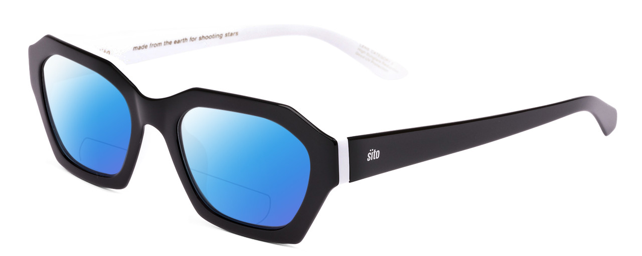 Profile View of SITO SHADES KINETIC Designer Polarized Reading Sunglasses with Custom Cut Powered Blue Mirror Lenses in Black White Unisex Square Full Rim Acetate 54 mm