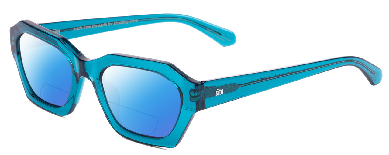 Profile View of SITO SHADES KINETIC Designer Polarized Reading Sunglasses with Custom Cut Powered Blue Mirror Lenses in Caribbean Blue Crystal Unisex Square Full Rim Acetate 54 mm