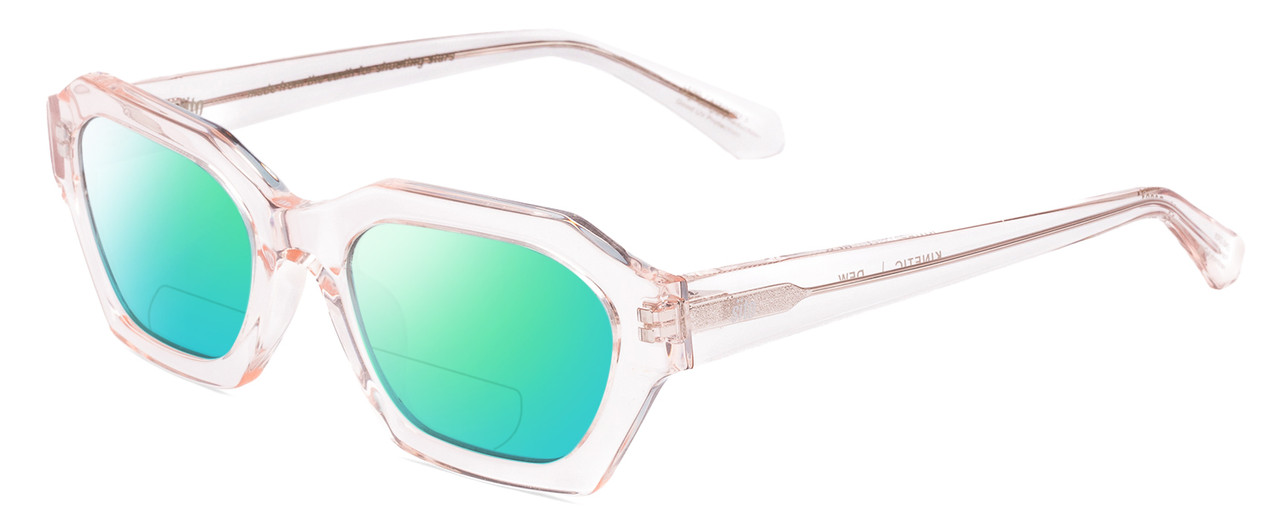 Profile View of SITO SHADES KINETIC Designer Polarized Reading Sunglasses with Custom Cut Powered Green Mirror Lenses in Dew Clear Pink Crystal Unisex Square Full Rim Acetate 54 mm
