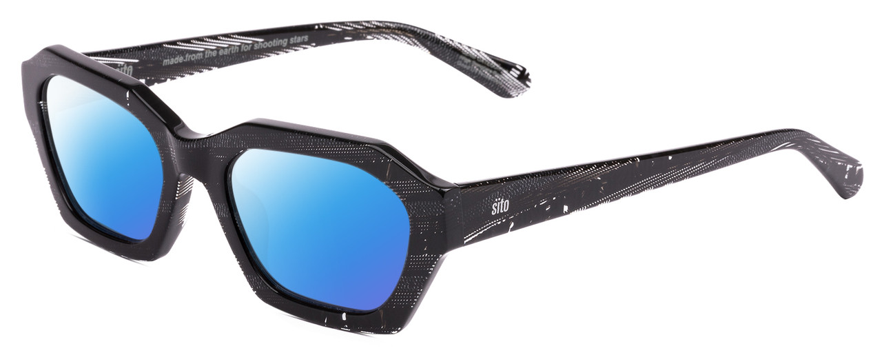 Profile View of SITO SHADES KINETIC Designer Polarized Sunglasses with Custom Cut Blue Mirror Lenses in Matrix Black White Unisex Square Full Rim Acetate 54 mm