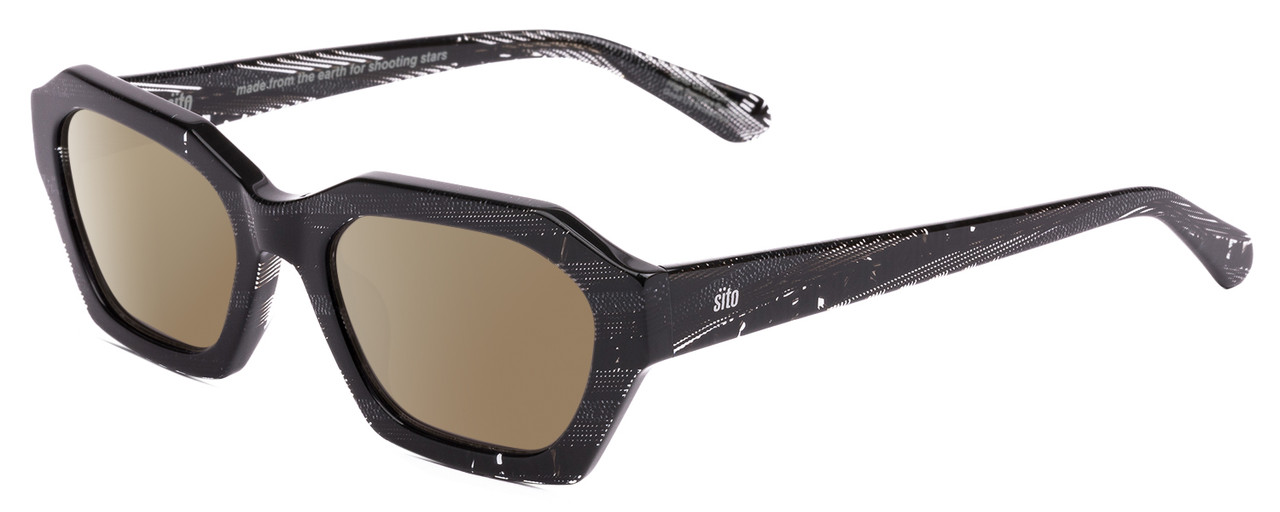 Profile View of SITO SHADES KINETIC Designer Polarized Sunglasses with Custom Cut Amber Brown Lenses in Matrix Black White Unisex Square Full Rim Acetate 54 mm