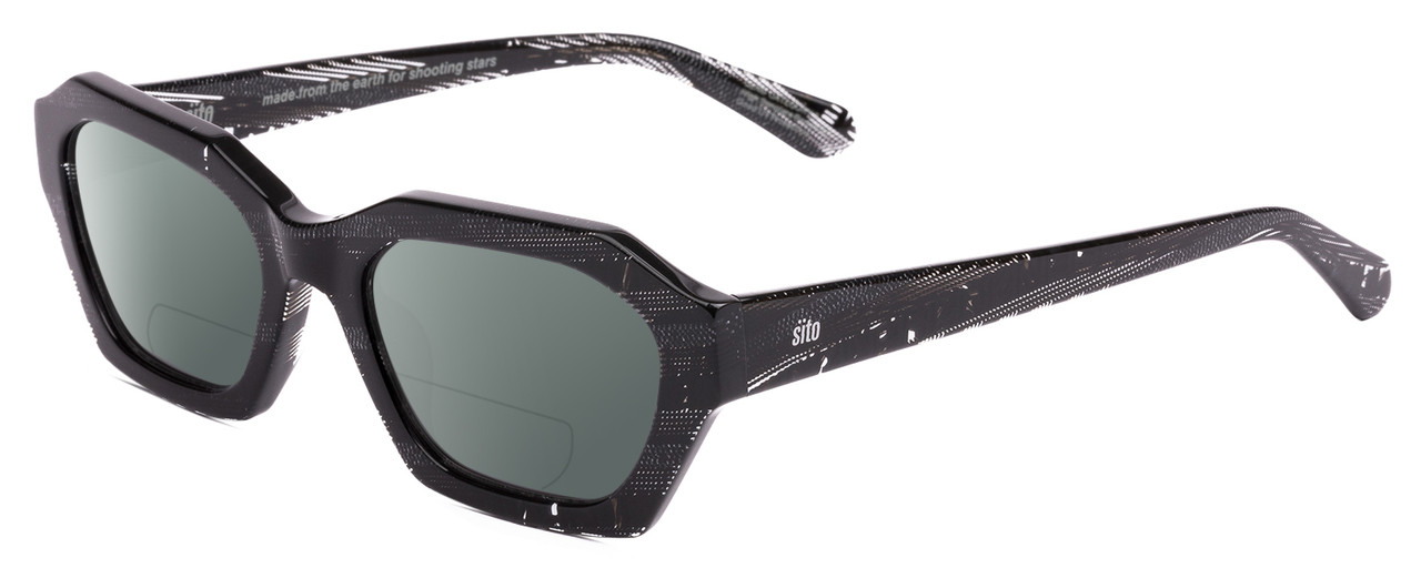 Profile View of SITO SHADES KINETIC Designer Polarized Reading Sunglasses with Custom Cut Powered Smoke Grey Lenses in Matrix Black White Unisex Square Full Rim Acetate 54 mm
