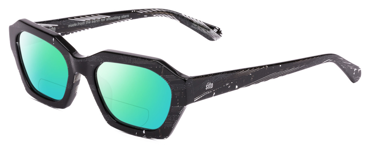 Profile View of SITO SHADES KINETIC Designer Polarized Reading Sunglasses with Custom Cut Powered Green Mirror Lenses in Matrix Black White Unisex Square Full Rim Acetate 54 mm