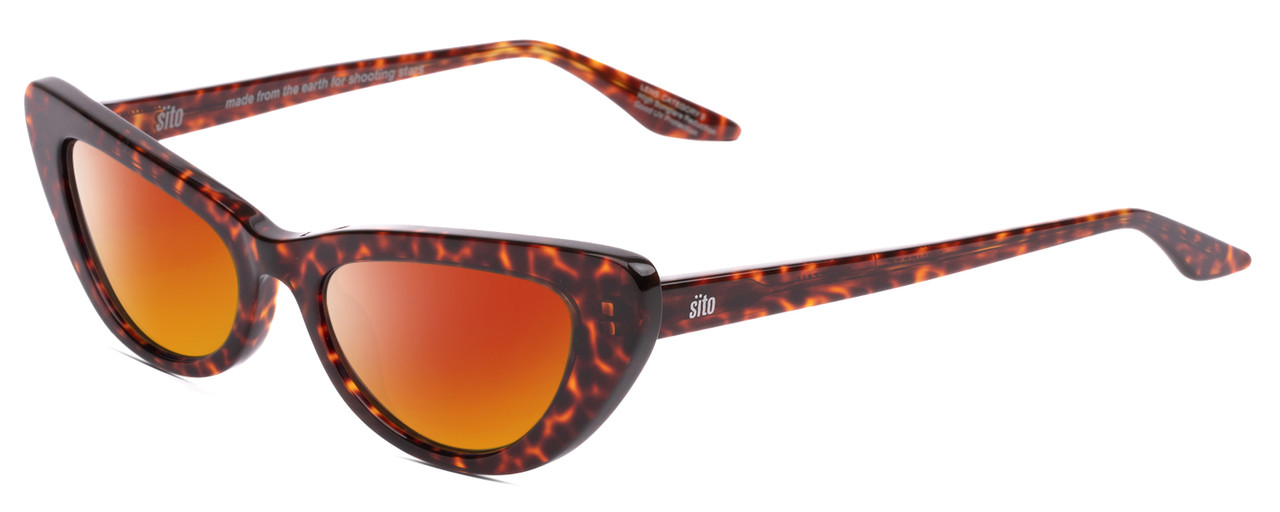 Profile View of SITO SHADES LUNETTE Designer Polarized Sunglasses with Custom Cut Red Mirror Lenses in Amber Cheetah Ladies Cat Eye Full Rim Acetate 52 mm