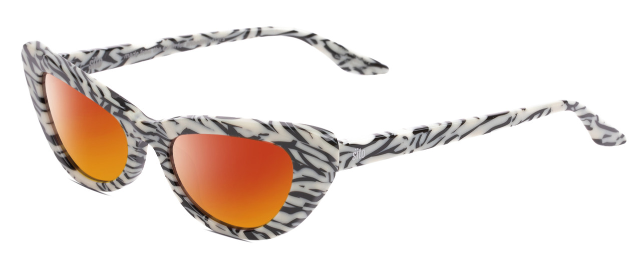 Profile View of SITO SHADES LUNETTE Designer Polarized Sunglasses with Custom Cut Red Mirror Lenses in Savannah Black White Zebra Print Ladies Cat Eye Full Rim Acetate 52 mm