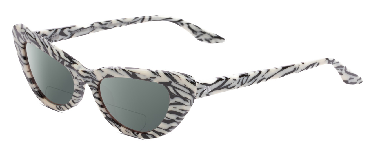 Profile View of SITO SHADES LUNETTE Designer Polarized Reading Sunglasses with Custom Cut Powered Smoke Grey Lenses in Savannah Black White Zebra Print Ladies Cat Eye Full Rim Acetate 52 mm