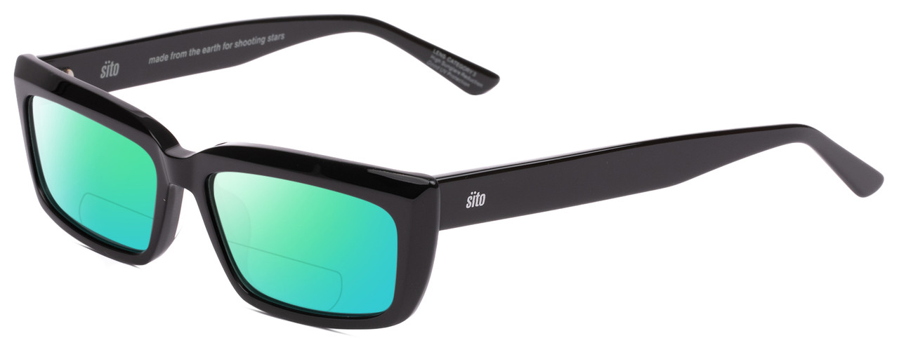 Profile View of SITO SHADES NIGHT IN MOTION Designer Polarized Reading Sunglasses with Custom Cut Powered Green Mirror Lenses in Black Unisex Square Full Rim Acetate 57 mm