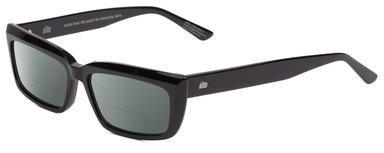 Profile View of SITO SHADES NIGHT IN MOTION Designer Polarized Reading Sunglasses with Custom Cut Powered Smoke Grey Lenses in Black Unisex Square Full Rim Acetate 57 mm