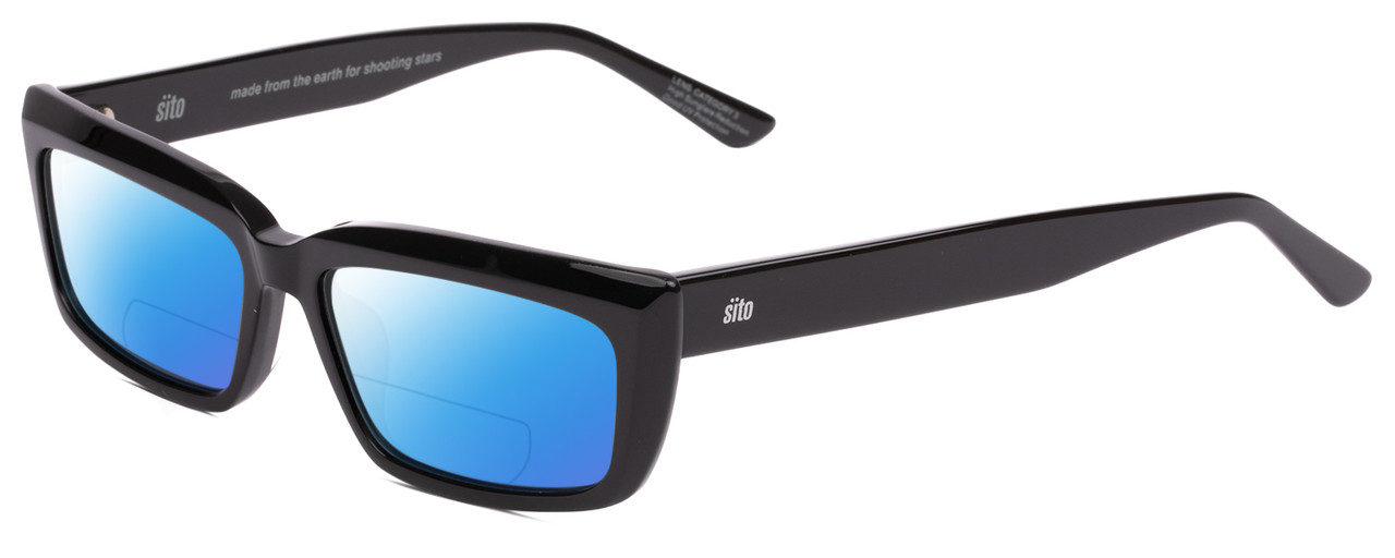 Profile View of SITO SHADES NIGHT IN MOTION Designer Polarized Reading Sunglasses with Custom Cut Powered Blue Mirror Lenses in Black Unisex Square Full Rim Acetate 57 mm