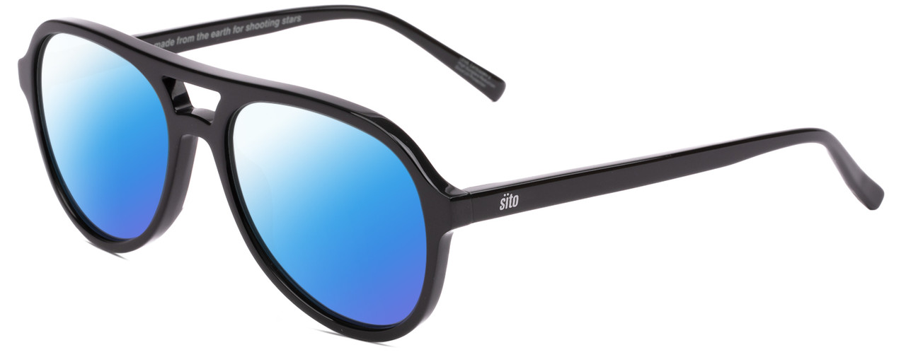 Profile View of SITO SHADES NIGHTFEVER Designer Polarized Sunglasses with Custom Cut Blue Mirror Lenses in Black Unisex Pilot Full Rim Acetate 58 mm