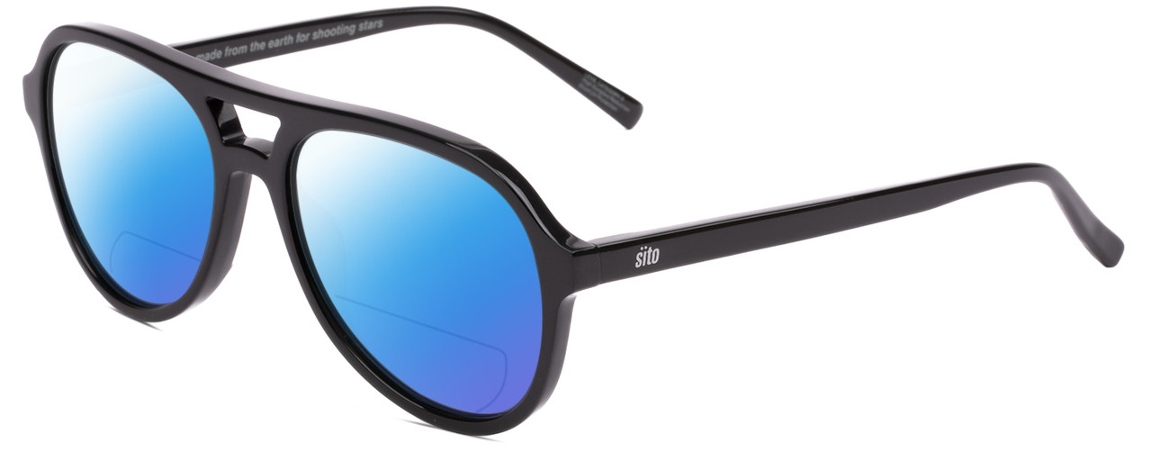 Profile View of SITO SHADES NIGHTFEVER Designer Polarized Reading Sunglasses with Custom Cut Powered Blue Mirror Lenses in Black Unisex Pilot Full Rim Acetate 58 mm