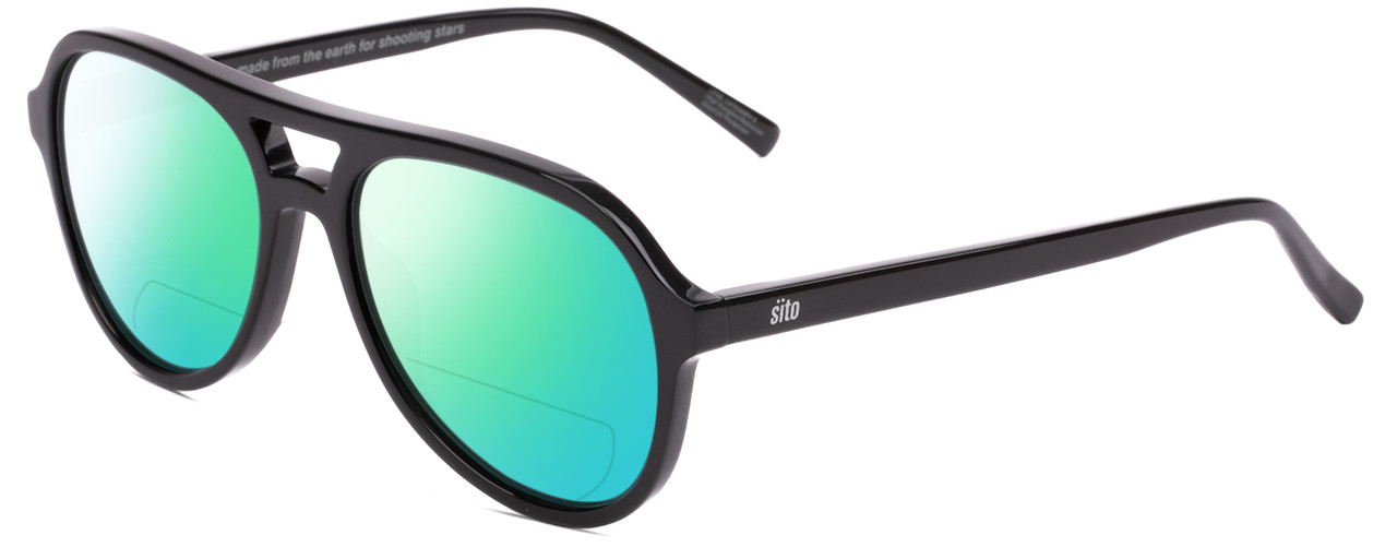Profile View of SITO SHADES NIGHTFEVER Designer Polarized Reading Sunglasses with Custom Cut Powered Green Mirror Lenses in Black Unisex Pilot Full Rim Acetate 58 mm