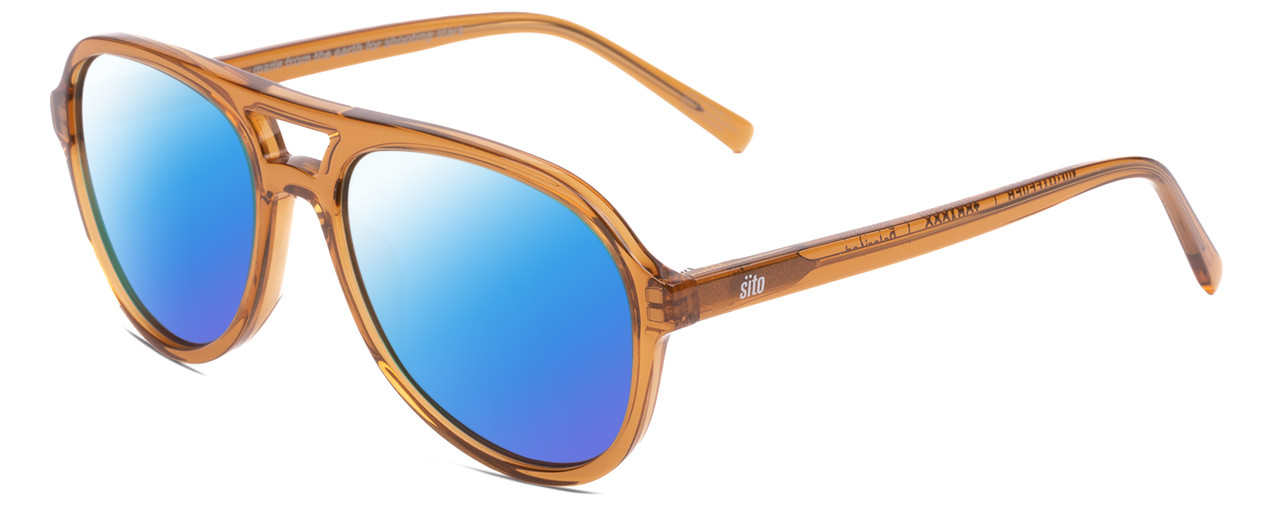 Profile View of SITO SHADES NIGHTFEVER Designer Polarized Sunglasses with Custom Cut Blue Mirror Lenses in Tobacco Orange Crystal Unisex Pilot Full Rim Acetate 58 mm