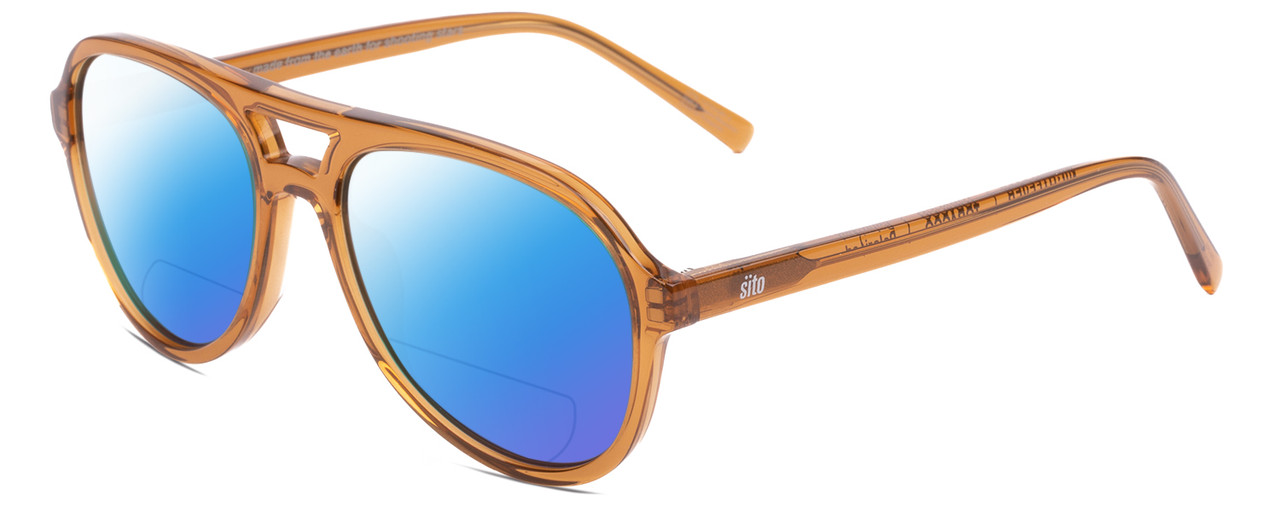 Profile View of SITO SHADES NIGHTFEVER Designer Polarized Reading Sunglasses with Custom Cut Powered Blue Mirror Lenses in Tobacco Orange Crystal Unisex Pilot Full Rim Acetate 58 mm