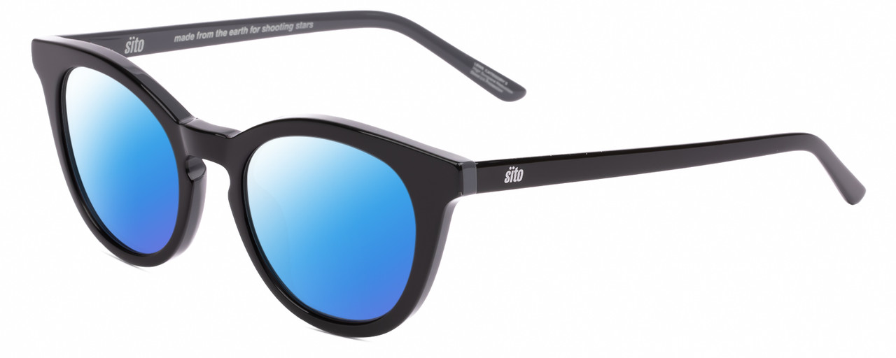 Profile View of SITO SHADES NOW OR NEVER Designer Polarized Sunglasses with Custom Cut Blue Mirror Lenses in Black Gray Ladies Round Full Rim Acetate 50 mm