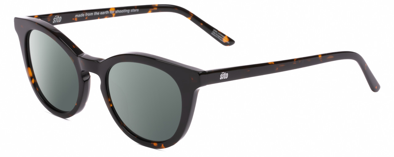 Profile View of SITO SHADES NOW OR NEVER Designer Polarized Sunglasses with Custom Cut Smoke Grey Lenses in Demi-Tortoise Havana Ladies Round Full Rim Acetate 50 mm