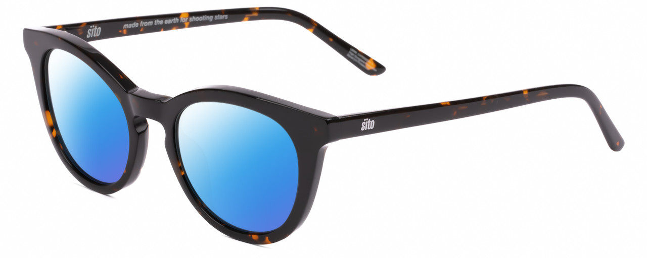 Profile View of SITO SHADES NOW OR NEVER Designer Polarized Sunglasses with Custom Cut Blue Mirror Lenses in Demi-Tortoise Havana Ladies Round Full Rim Acetate 50 mm