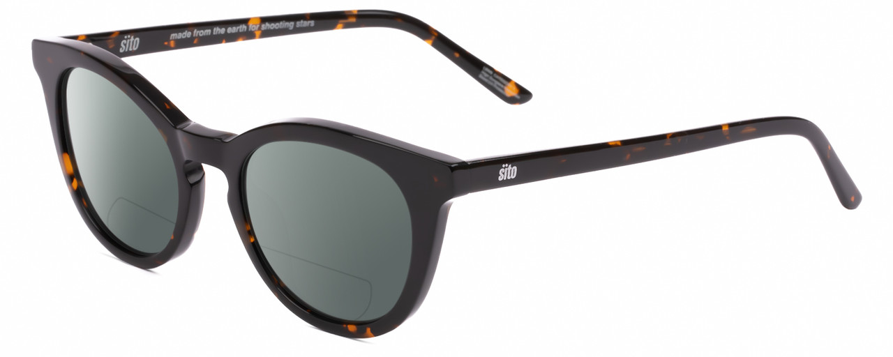 Profile View of SITO SHADES NOW OR NEVER Designer Polarized Reading Sunglasses with Custom Cut Powered Smoke Grey Lenses in Demi-Tortoise Havana Ladies Round Full Rim Acetate 50 mm