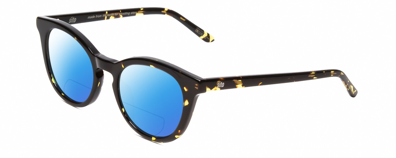 Profile View of SITO SHADES NOW OR NEVER Designer Polarized Reading Sunglasses with Custom Cut Powered Blue Mirror Lenses in Limeade Black Yellow Tortoise Ladies Round Full Rim Acetate 50 mm