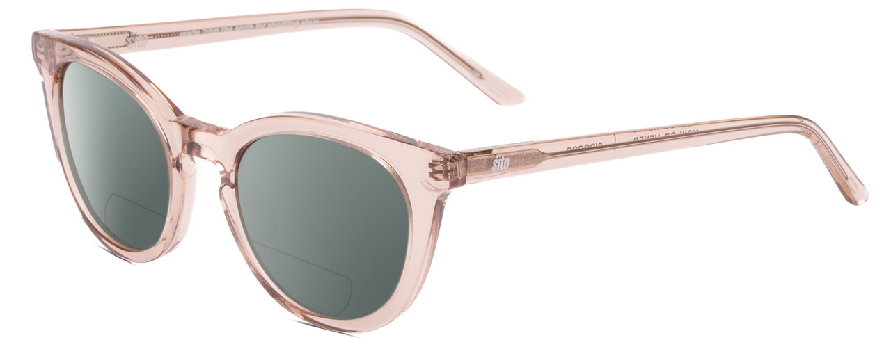 Profile View of SITO SHADES NOW OR NEVER Designer Polarized Reading Sunglasses with Custom Cut Powered Smoke Grey Lenses in Sirocco Pink Crystal Ladies Square Full Rim Acetate 50 mm
