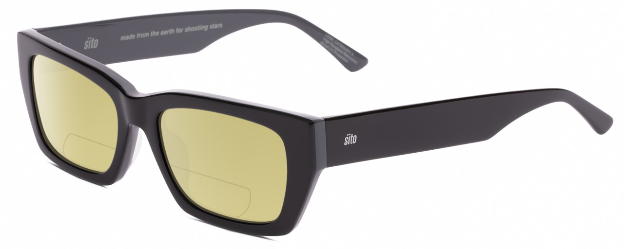 Profile View of SITO SHADES OUTER LIMITS Designer Polarized Reading Sunglasses with Custom Cut Powered Sun Flower Yellow Lenses in Black Gray Unisex Square Full Rim Acetate 54 mm