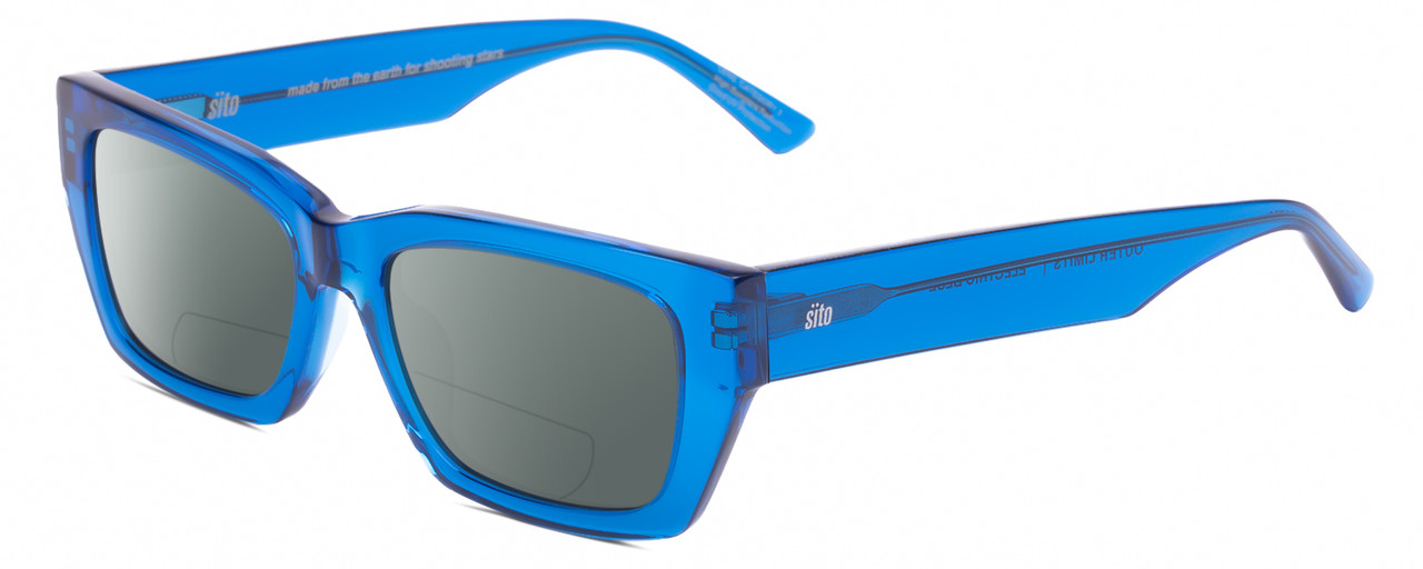 Profile View of SITO SHADES OUTER LIMITS Designer Polarized Reading Sunglasses with Custom Cut Powered Smoke Grey Lenses in Electric Blue Crystal Unisex Square Full Rim Acetate 54 mm