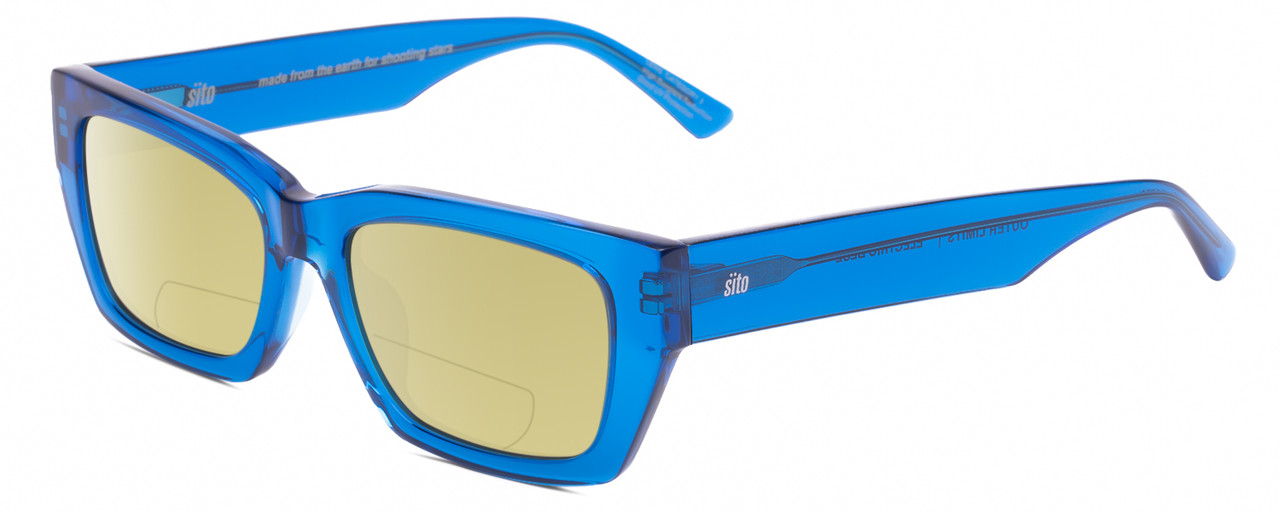 Profile View of SITO SHADES OUTER LIMITS Designer Polarized Reading Sunglasses with Custom Cut Powered Sun Flower Yellow Lenses in Electric Blue Crystal Unisex Square Full Rim Acetate 54 mm
